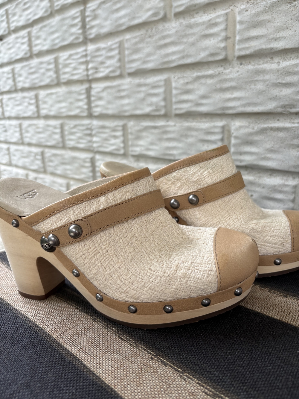 Vintage UGG Beige Textured Clog Mules with Stud Accents